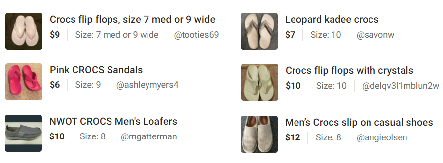 Compilation of screenshots of Crocs shoes purchased through Poshmark.
