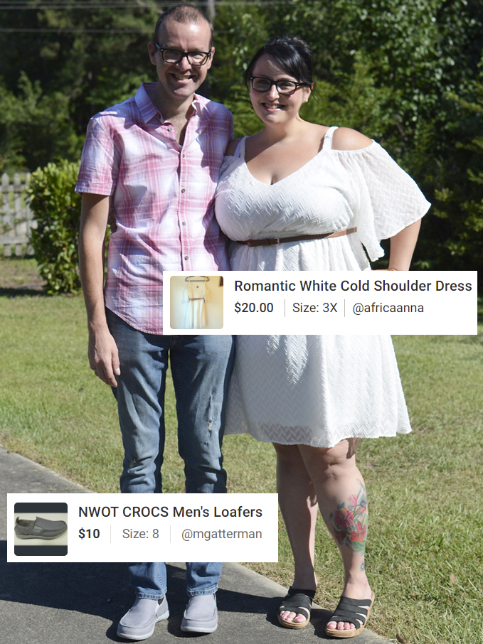 Maranda and husband wearing clothes purchased on Poshmark, including white Torrid plus size dress and Crocs loafers.