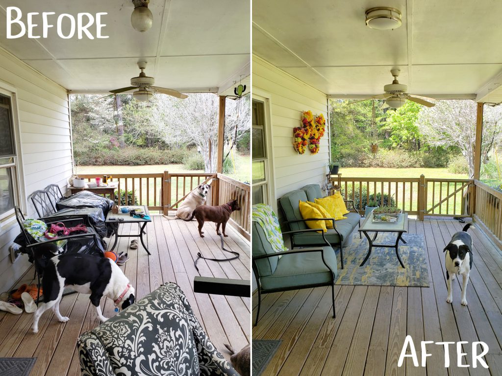 Before and after comparison of cleaning and re-decorating outdoor porch.