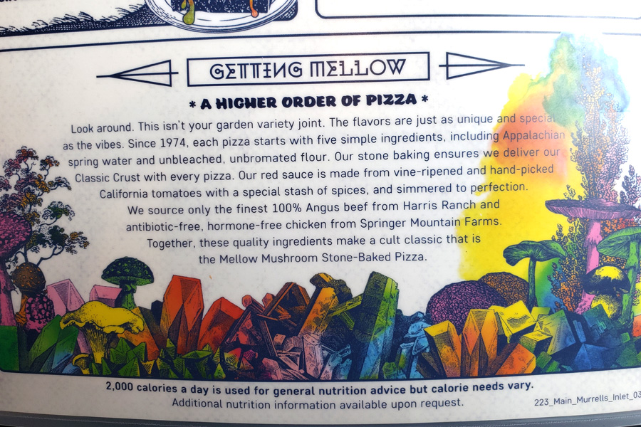 Inset of Mellow Mushroom menu with colorful psychedelic artwork and text explaining what makes this restaurant and process special.