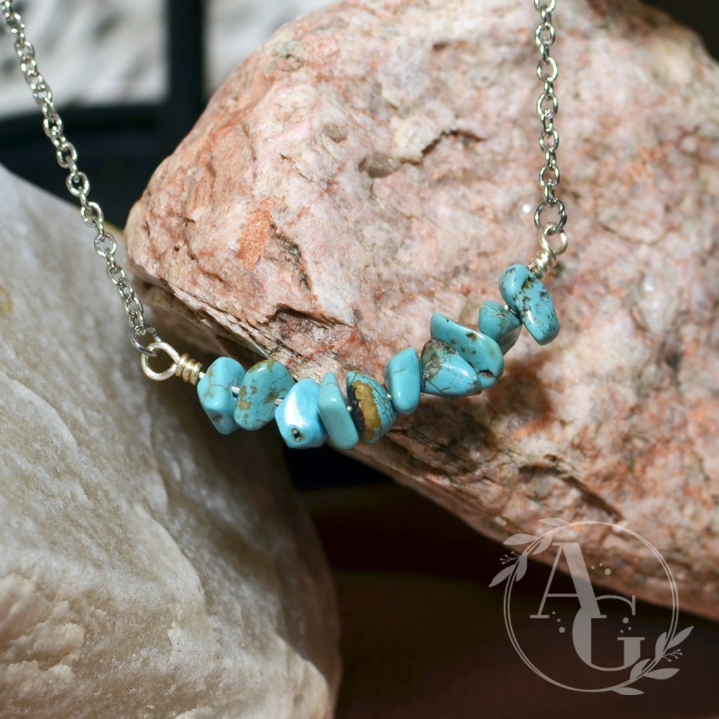 Turquoise bead chips on a bar necklace from Awaken Gemini on Etsy.