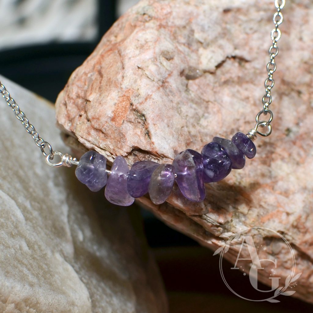 Amethyst bead chips on a bar necklace from Awaken Gemini on Etsy.