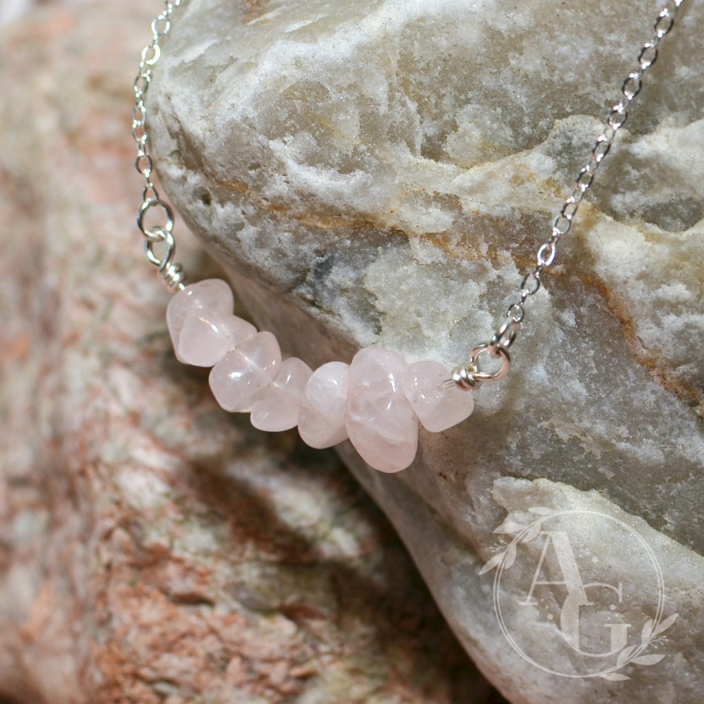 Rose quartz bead chips on a bar necklace from Awaken Gemini on Etsy.