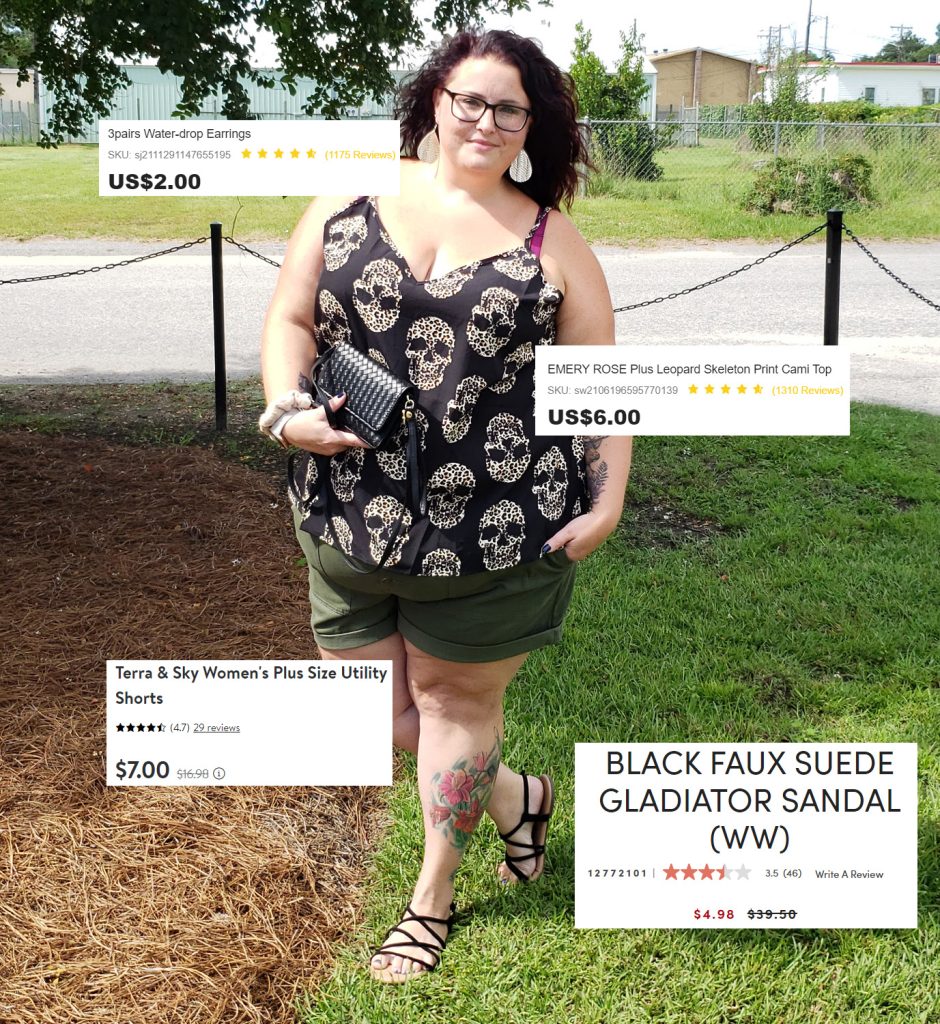 Maranda, a plus size woman, models a budget-friendly outfit with pieces from Shein, Walmart and Torrid. Prices are overlaid on the image.