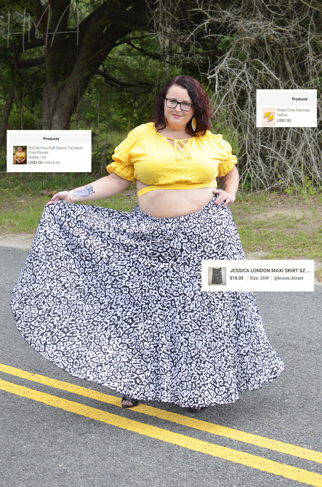 Maranda, a plus size woman, models a leopard print maxi skirt, holding it spread wide to show fullness.