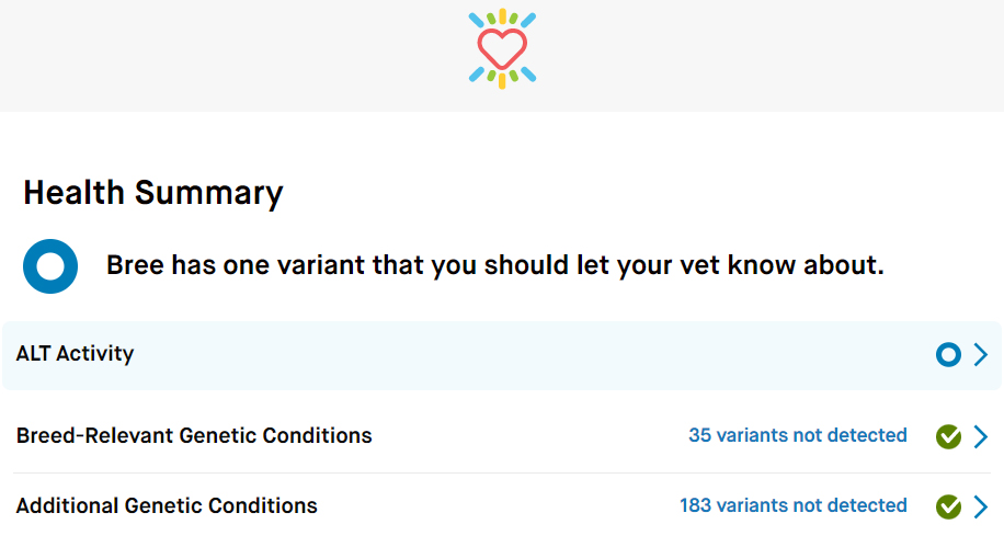 Infographic of Bree's Embark Health Summary, listing one genetic variant (ALT Activity) only.