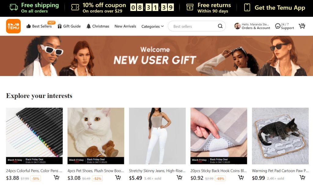 Screenshot of a welcome page for Temu online featuring a prominent banner with the title "New User Gift", followed by a line of random products (showing heavy discounts) below.