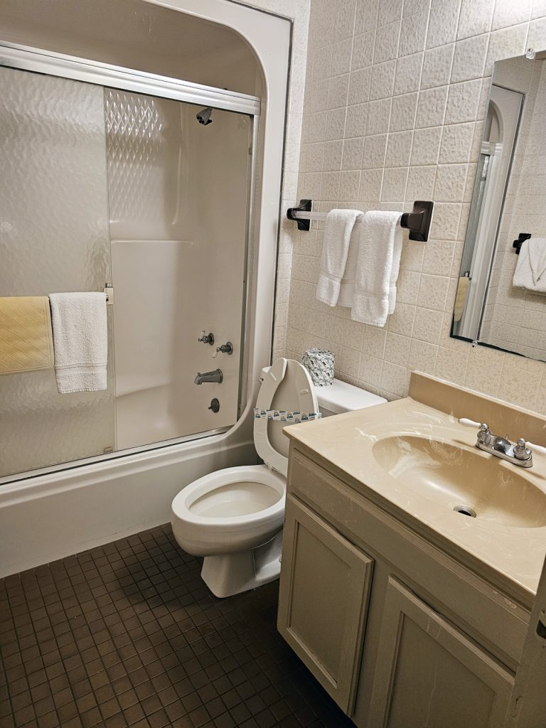 Interior bathroom view at South of the Border Motor Inn shows clean facilities - sink with vanity, toilet, and enclosed shower / tub.