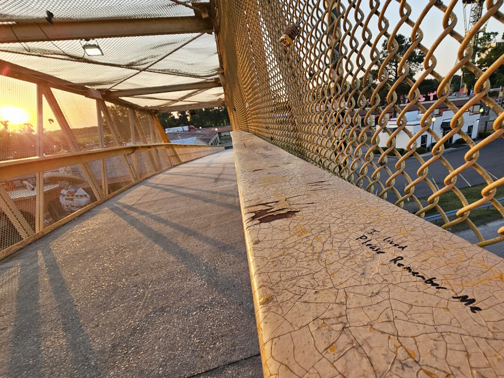 View from inside the old yellow walkway at South of the Border, looking westerly toward the sunset.