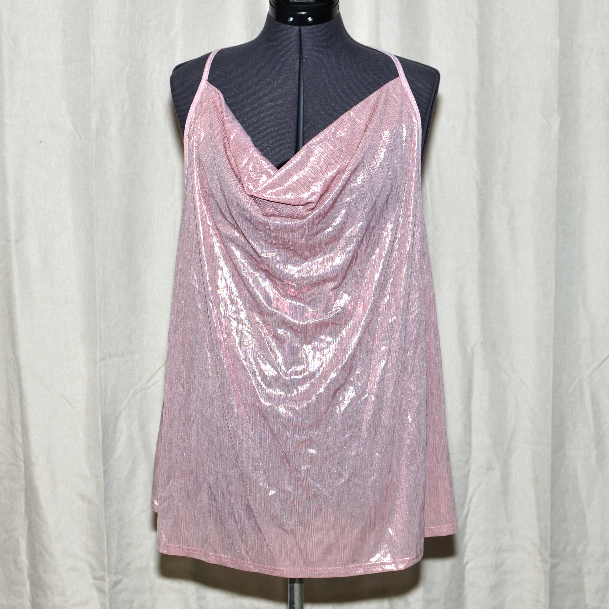 Champagne blush pink color metallic sparkle tank top with scooping cowl neckline.