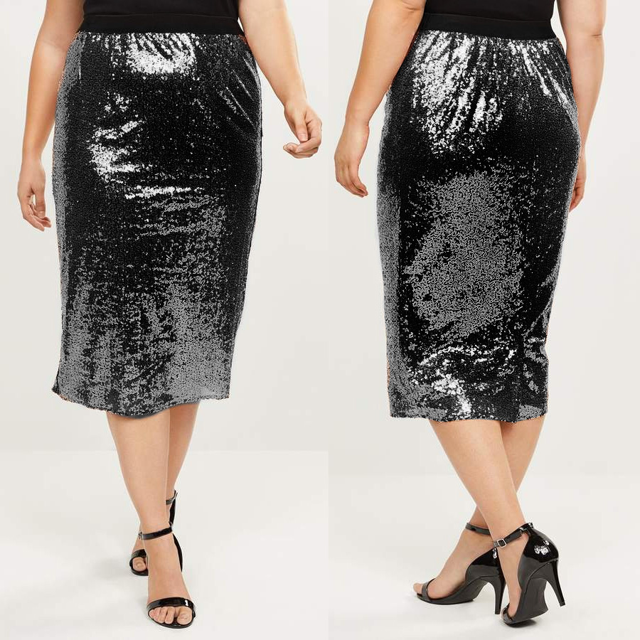 Side-by-side view of front and back of a Lane Bryant plus size formal pencil skirt covered in black sequins, modeled by a woman wearing matching black high heeled shoes.
